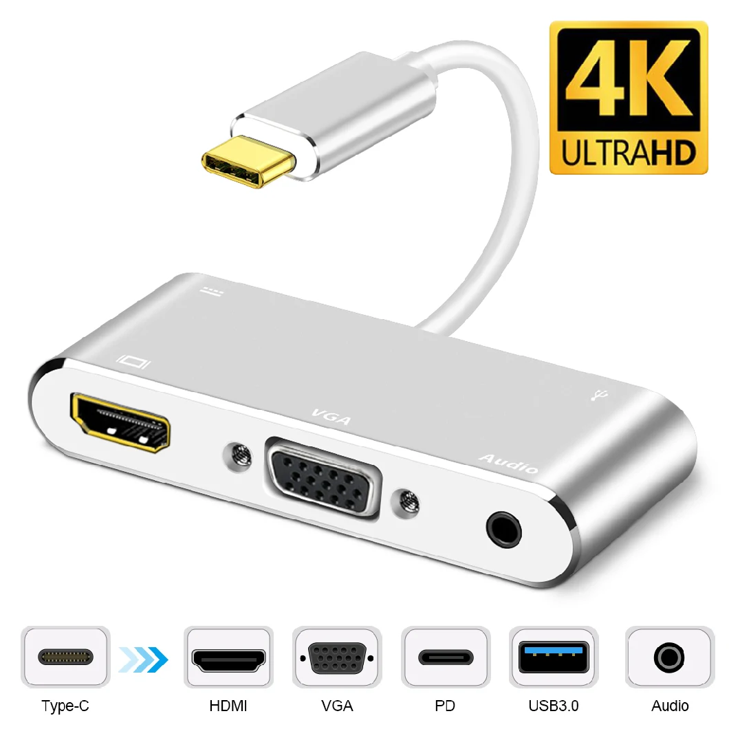 5 in 1 Type C Hubs USB C to HDMI+VGA+USB3.0+Pd+3.5mm Audio Multiple Type-C /USB-C Hub Adapter (Support 4K*2K, PD Fast Charging)