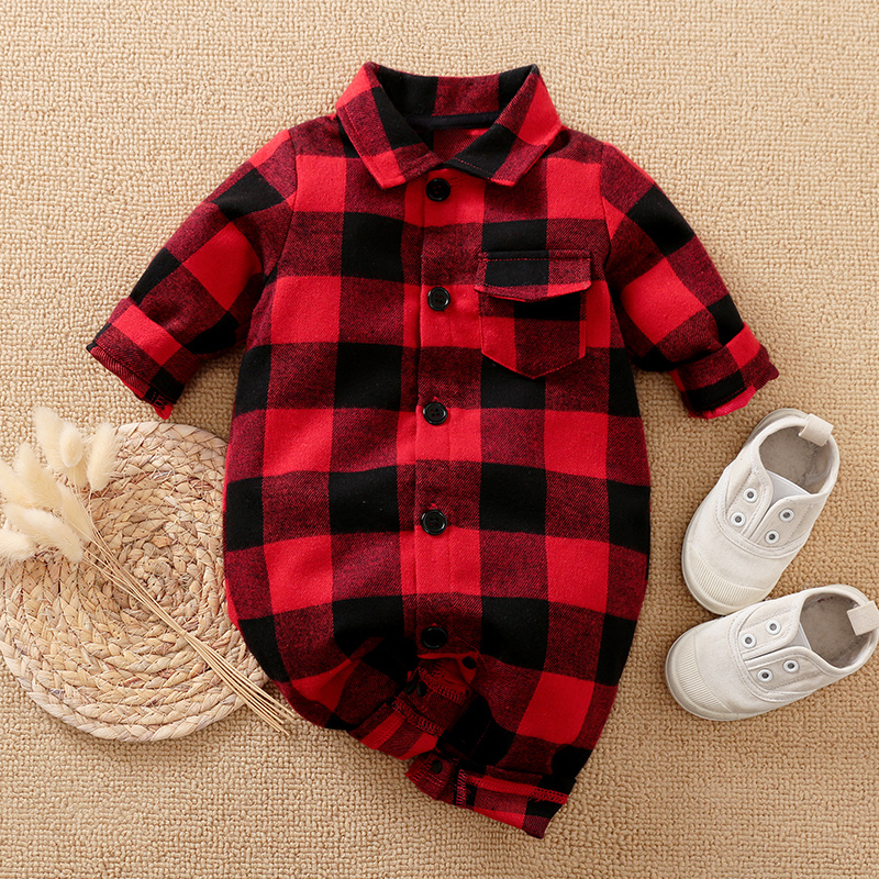 Baby Boy Romper Long-Sleeved Romper Red Plaid and White Plaid Spring/Autumn Baby Clothes