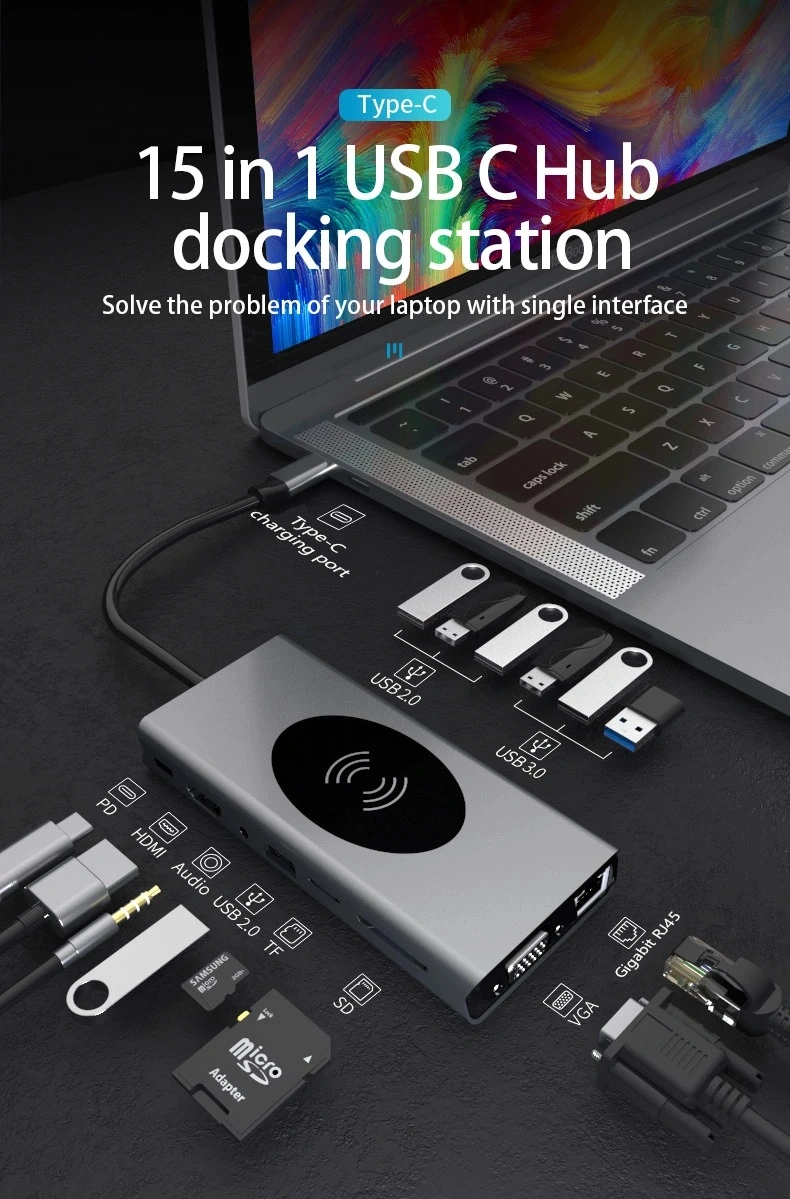 15 in 1 Type C to HDMI 4K RJ45 Pd USB Hub Docking Station Plug and Play Aluminum Alloy Fast Heat Dissipation Expansion Dock