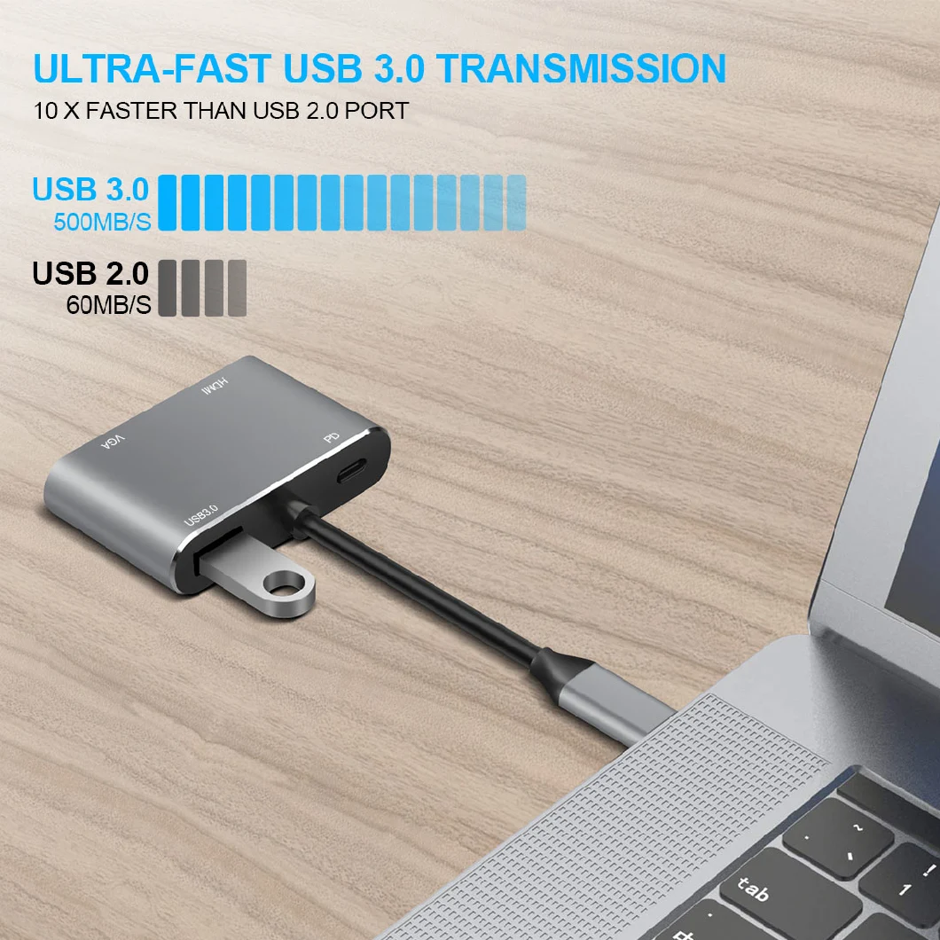 USB-C/Type C to HDMI+VGA+USB3.0+Pd (USB-C Female) Type-C Hub