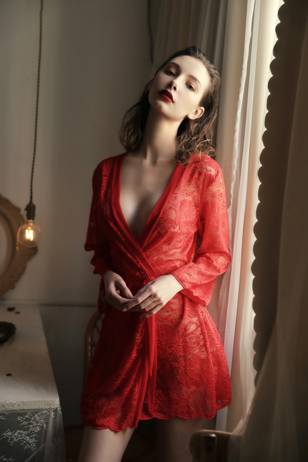 V Gets Sex Appeal Temptation of Silk Nightgown of Appeal Pajamas Half Through Sleep Skirt