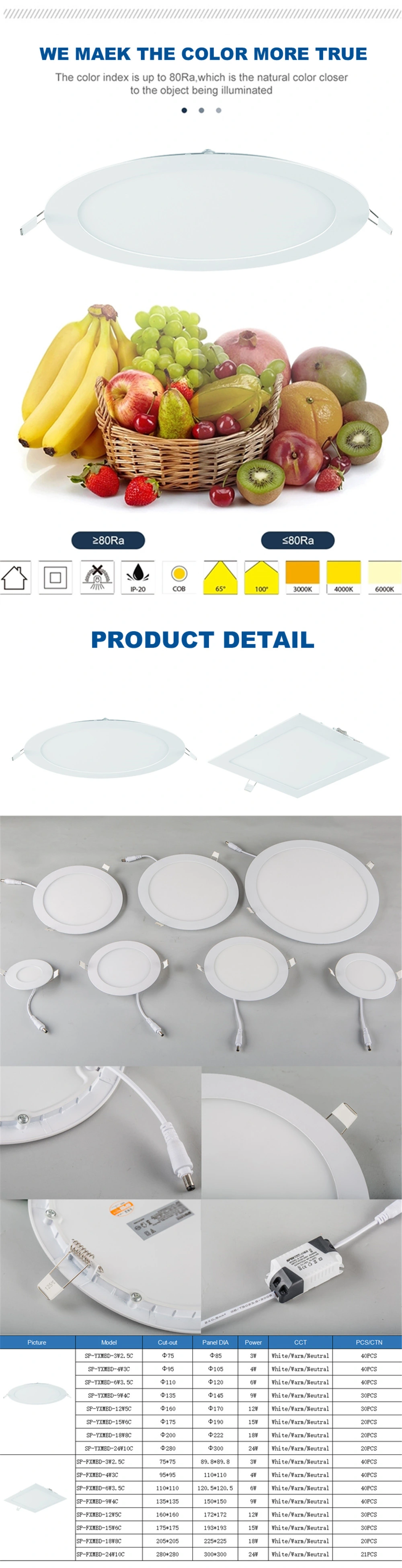 Round Square Acrylic Recessed Dimmable Color High Power Panel Light