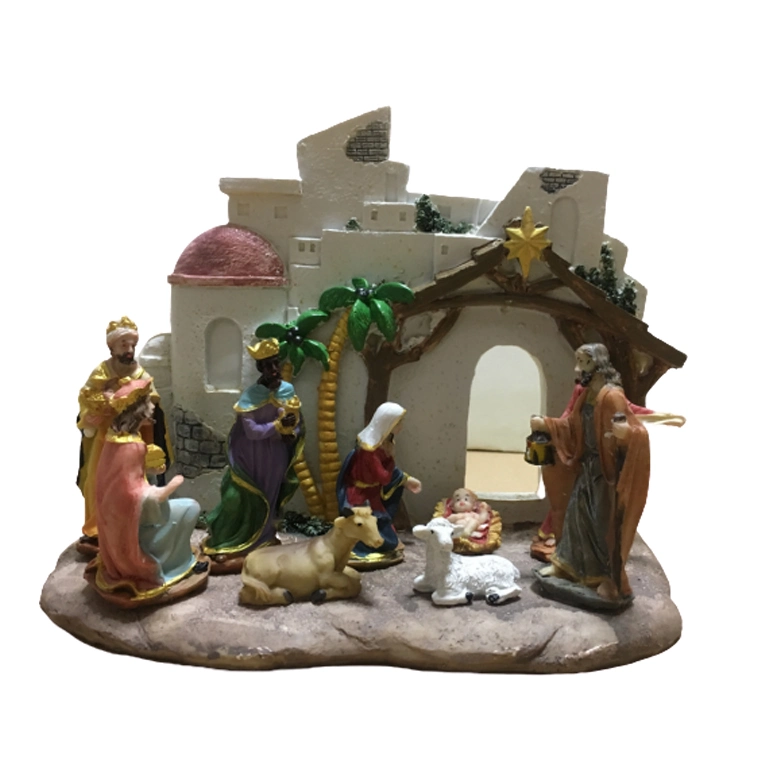 Hg41 Resin Christmas Nativity Set Religious Family Figurines with Lights on