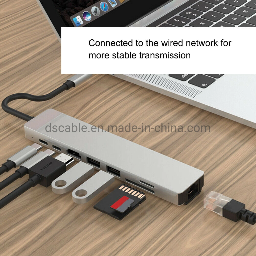 8 In1 USB-C Hub USB 3.0 Type C Hub with HDMI/Pd/USB3.0/RJ45/Cardreader Dock Station