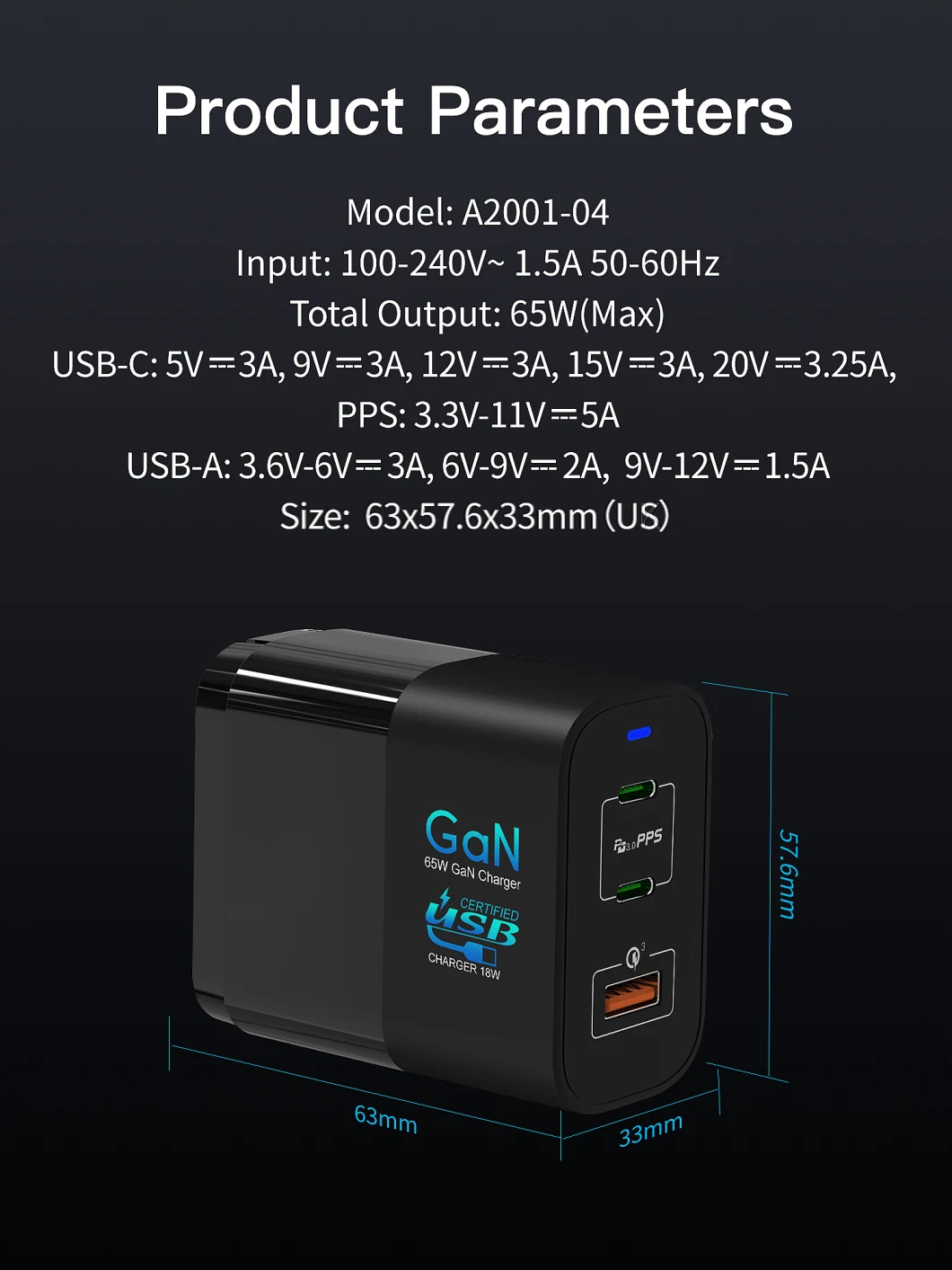 65W GaN Pd USB Type C Fast Charge Wall Charger for MacBook PRO