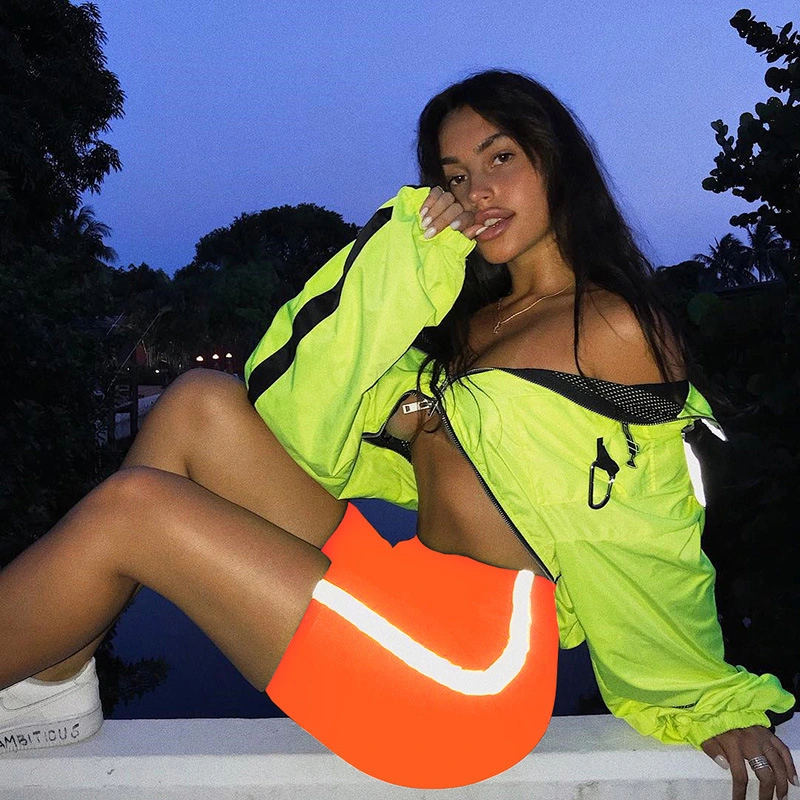 Stretchy Neon Reflective Striped Biker Shorts Set Tracksuit Women Two Piece Fitness Crop Top and Short Matching Sets