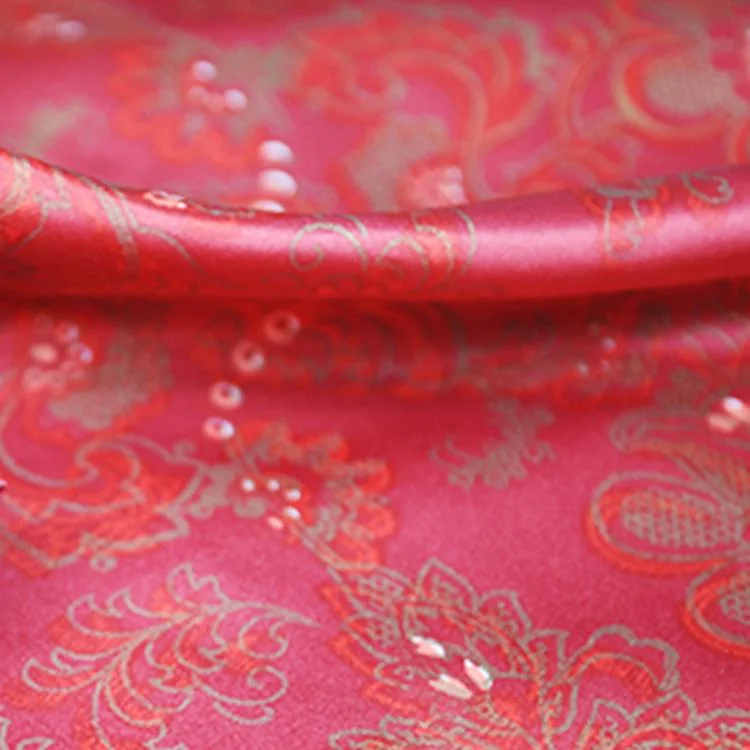Wholesale New Design Red Luxury Shiny Polyester Gold Floral Satin Printed Fabric Textile
