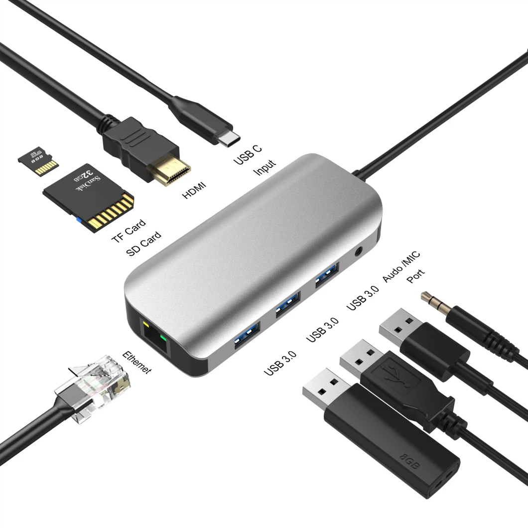 High Speed Data Transfer 9 in 1 USB Hub Combo Card Reader, HDMI USB C Hub Adapter Type C Hub Dock