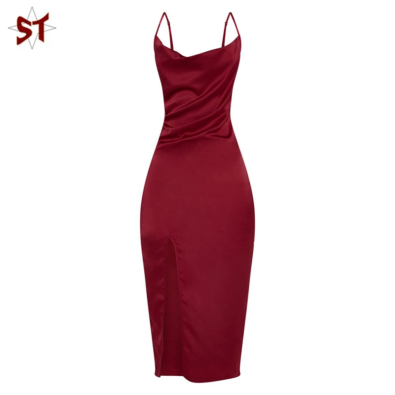 Ladies Strappy Satin Cowl MIDI Dress New Fashion Long Dress with Front Split Dress