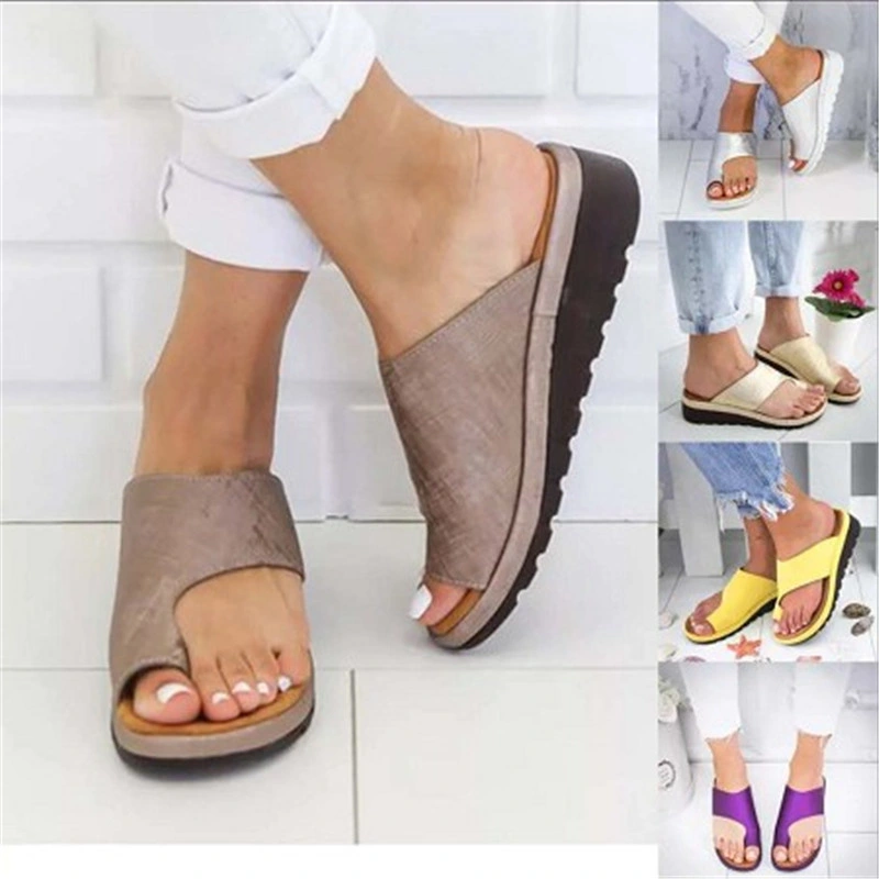 Wholesale Women PU Leather Sandals, Comfy Platform Ladies Slippers, Big Toe Foot Correction Sandals