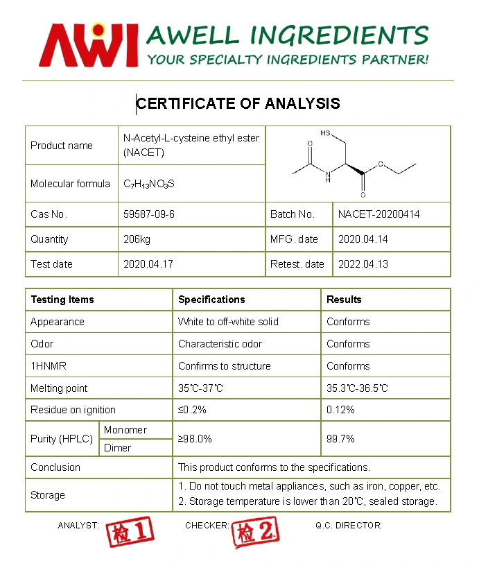 Factory Price Pharmacological Properties 98% N-Acetyl-L-Cysteine Ethyl Ester (NACET)