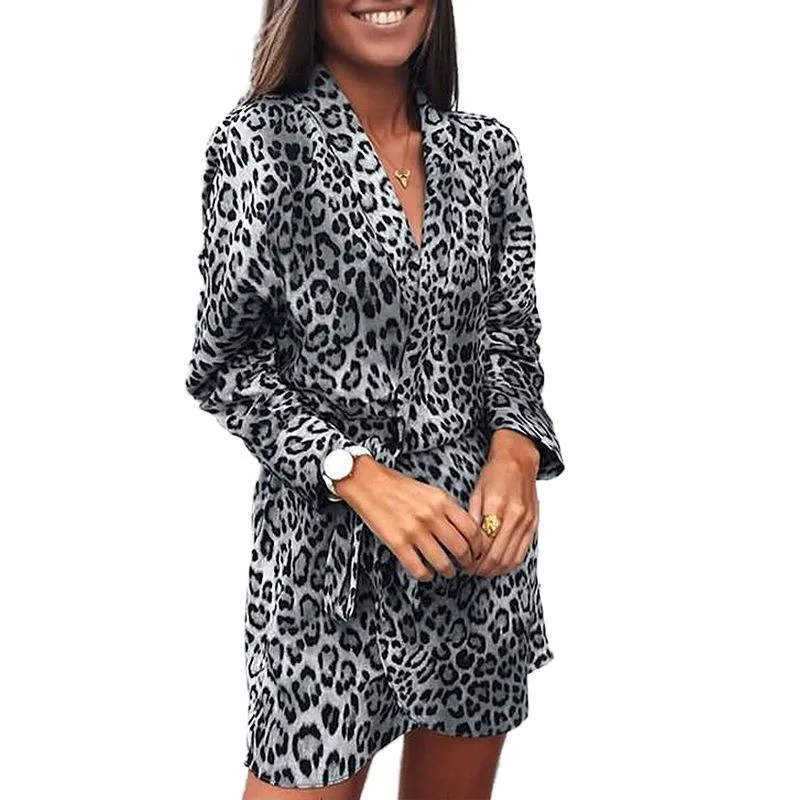Ladies 2021 New Leopard Print Long-Sleeved V-Neck Irregular Dress Hot Sale Sexy Prom Sexy Pajama Home Wear Dress