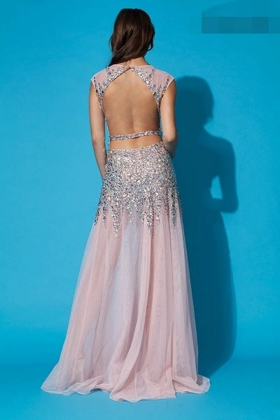 Sexy Sheer Bodice Party Prom Formal Gowns Beading Evening Dress Pink Tulle Fashion Ladies Dress