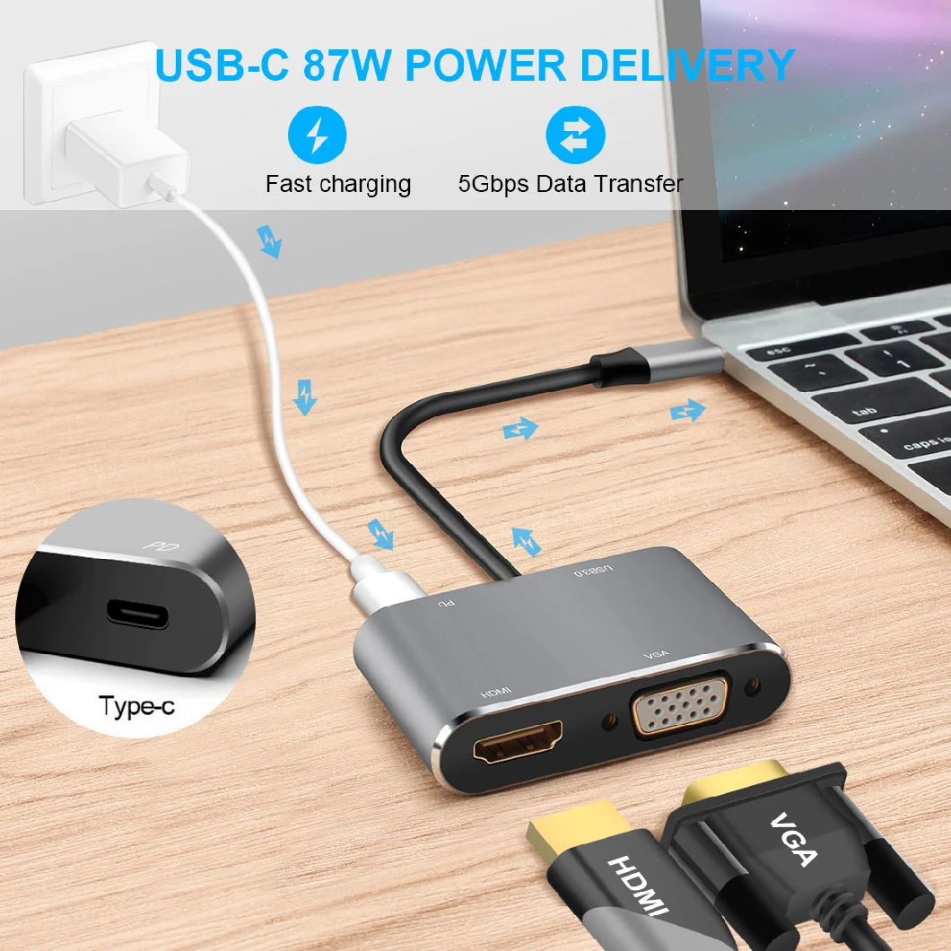 USB-C/Type C to HDMI+VGA+USB3.0+Pd (USB-C Female) Type-C Hub