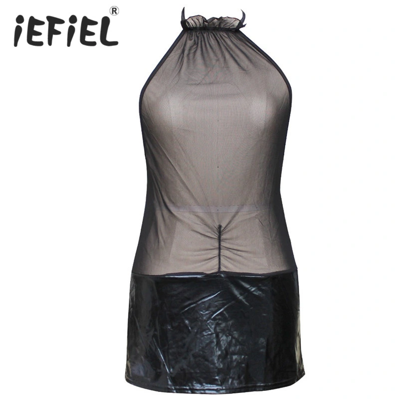 Women Sexy Lingerie Patent Leather Underwear Black Bodycon Sleepwear Mini Dress