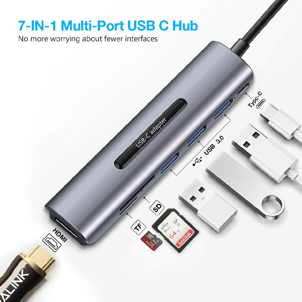 7 Port USB C to HDMI/USB3.0*3SD/TF+Pd Hub/Adapter