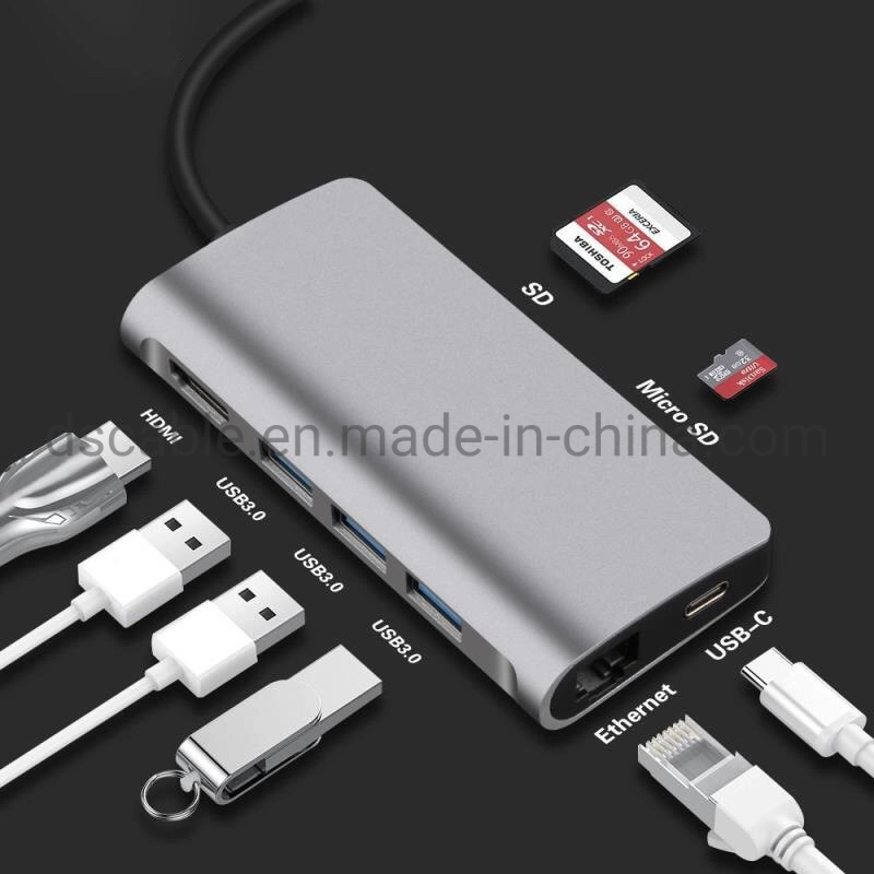 8 in 1 USB-C Docking Station Type-C Hub with 4K HDMI 3ports USB3.0 RJ45 Pd Charging SD/TF Cardreader Gigabit LAN