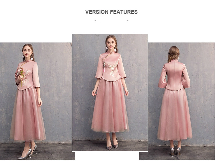 Chinese Style Pink Embroidery Satin Long Sleeve Wedding/Daily Ladies Bridesmaid Dresses