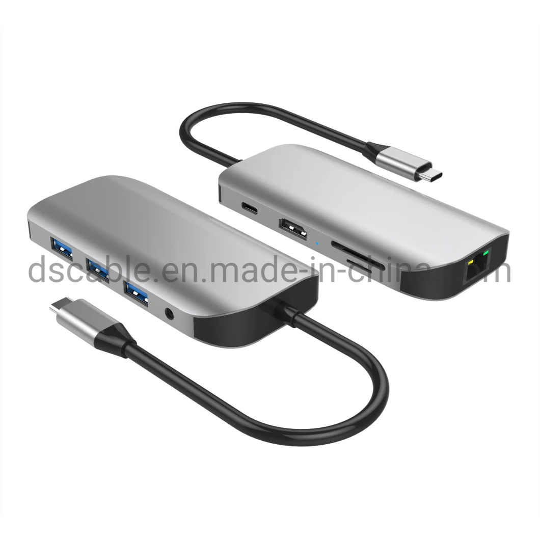 8 in 1 USB-C Docking Station Type-C Hub with 4K HDMI 3ports USB3.0 RJ45 Pd Charging SD/TF Cardreader Gigabit LAN