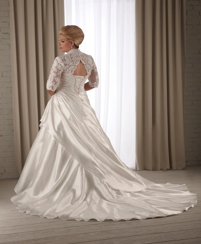 Lace Sleeve Taffeta Bridal Ladies Gowns for Wedding Keyhole Back Plus Size Wedding Dress