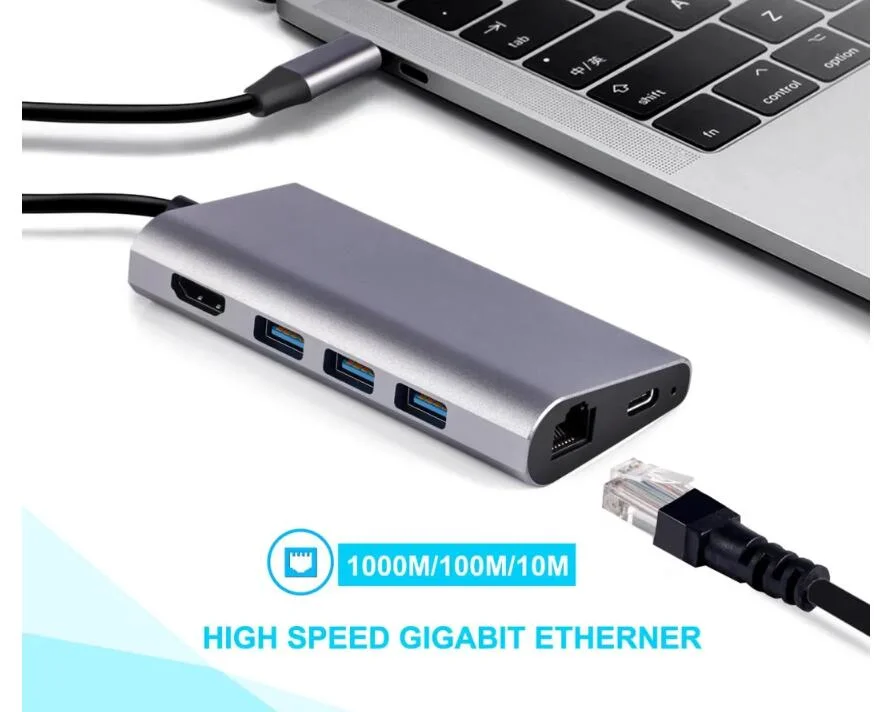 Type C Hub to USB 3.0 Hub with Pd Power HDMI 3.5mm Audio and RJ45 Gigabit Ethernet Adapter