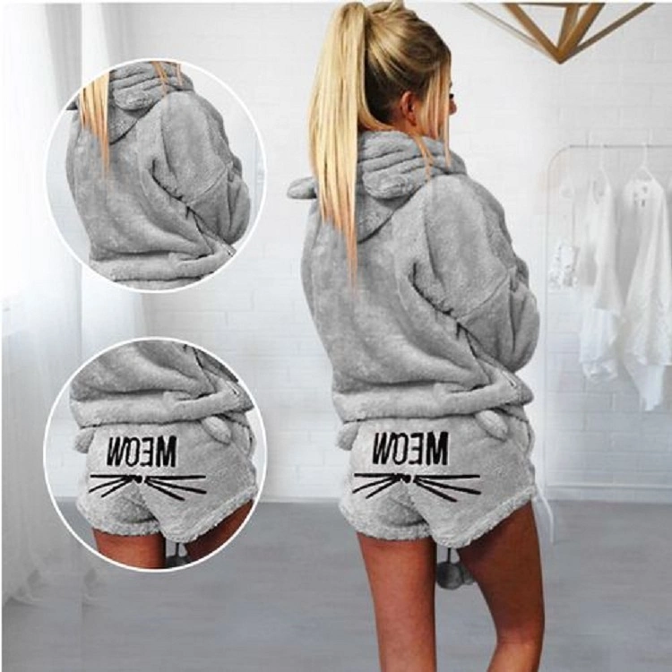 Custom Logo Warm Winter Jogging Wear Cute Cat Pattern Hoodie Shorts Set Fluffy Pajama Women Sweatshirts