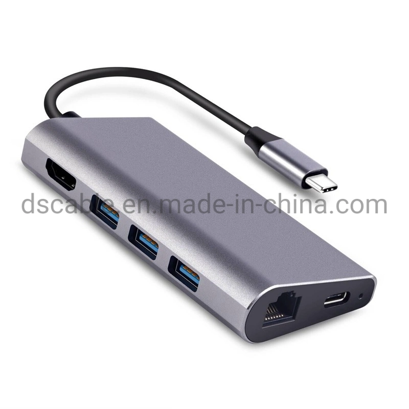 8 in 1 USB-C Docking Station Type-C Hub with 4K HDMI 3ports USB3.0 RJ45 Pd Charging SD/TF Cardreader Gigabit LAN