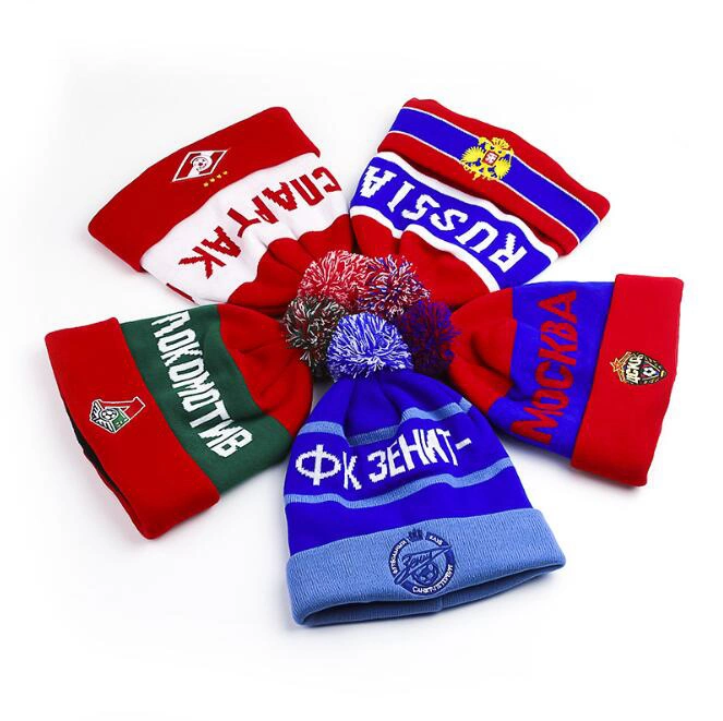 Custom Acrylic Winter Cap Football Team POM POM Hip Hop Hats Knitted Beanie