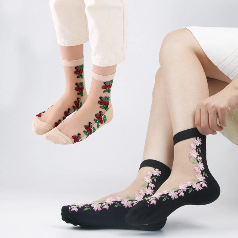 Summer Ladies Fashion Mesh Silk Socks Transparent Crystal Lace Elastic Summer Ankle Socks
