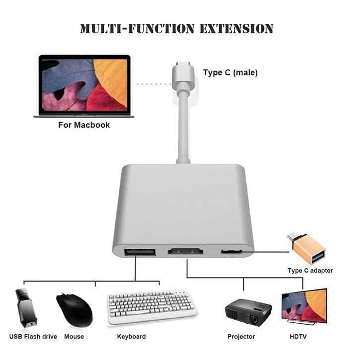 Male USB 3.1 Type C to Female HD Multiport Adapter with USB 3.0 and Power Delivery