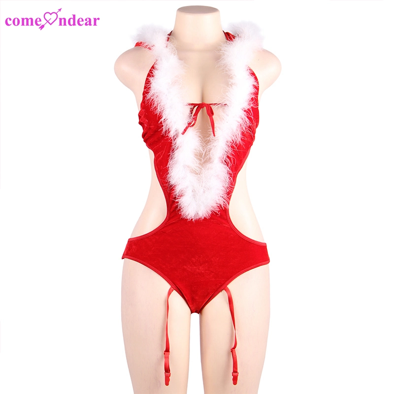 Christmas Red Hoodie Fur Trim Lingerie Garter Belt Sets with Stocking