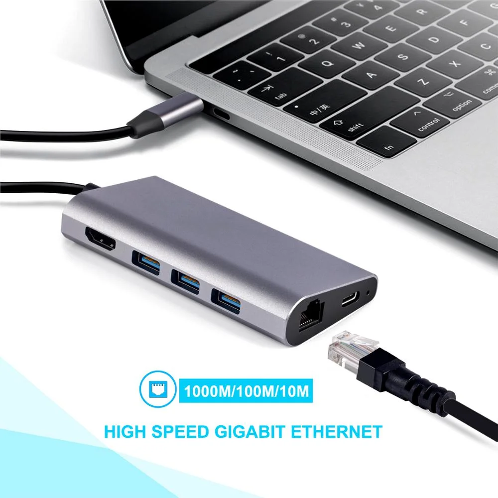 Hot Sell USB C Hub Mac Book Adapter with 3*USB3.0 Pd 60W+SD/TF Card Reader+HD-Mi+RJ45 8 in 1 High Speed Spliter Type C USB Hub