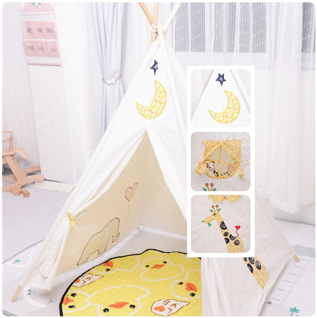 Kids Indian Teepee Tent Children Play Tent Indoor & Outdoor Toddler Playhouse Cotton Canvas Teepee with Wood Pole