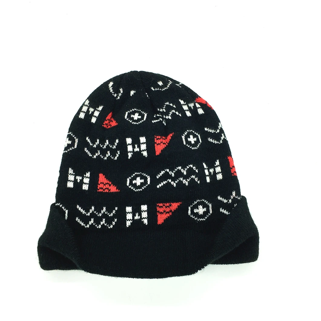 Canadian Maple Leaf Embroidered Logo Winter Warm Beanie Hat Black Jacquard Embroidered Knitted Cap