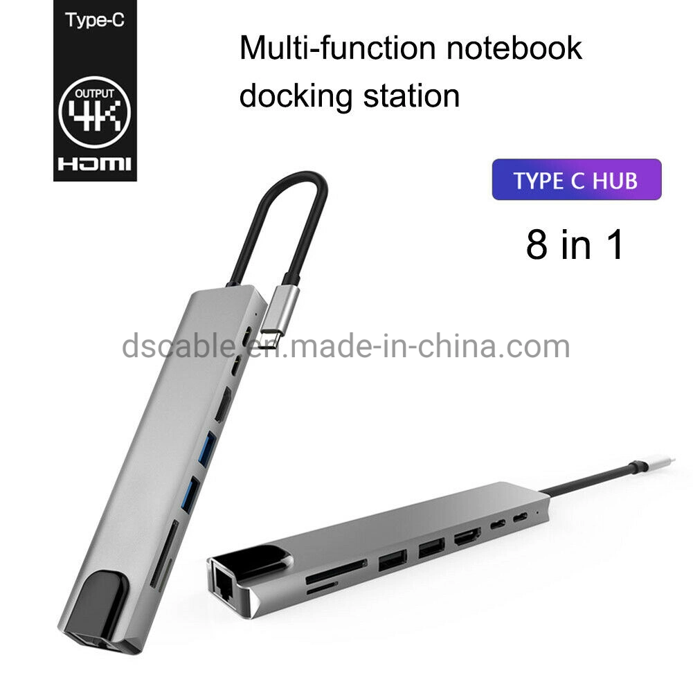 8 In1 USB-C Hub USB 3.0 Type C Hub with HDMI/Pd/USB3.0/RJ45/Cardreader Dock Station