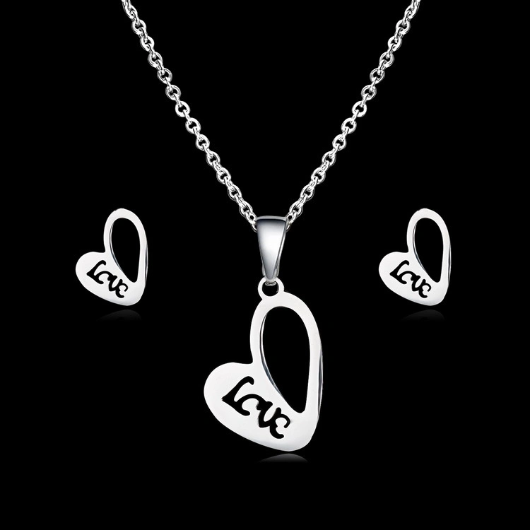 Romantic Cute Letter Love Hollow out Lover Gift Stainless Steel Necklace and Earring Jewelry Set