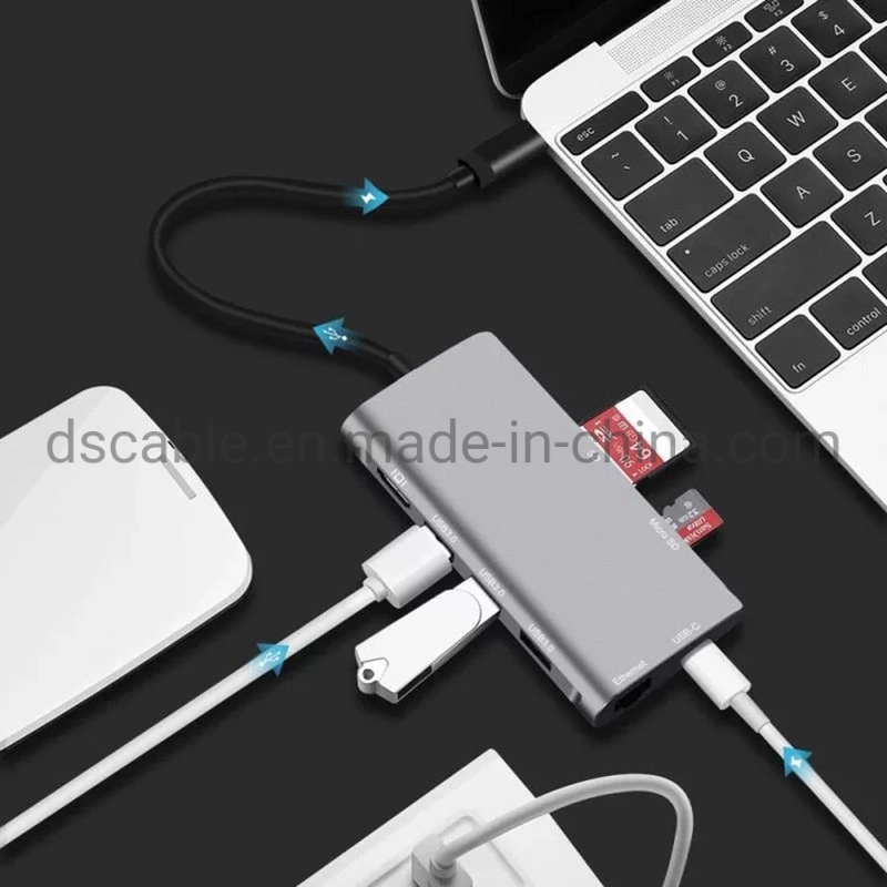 8 in 1 USB-C Docking Station Type-C Hub with 4K HDMI 3ports USB3.0 RJ45 Pd Charging SD/TF Cardreader Gigabit LAN