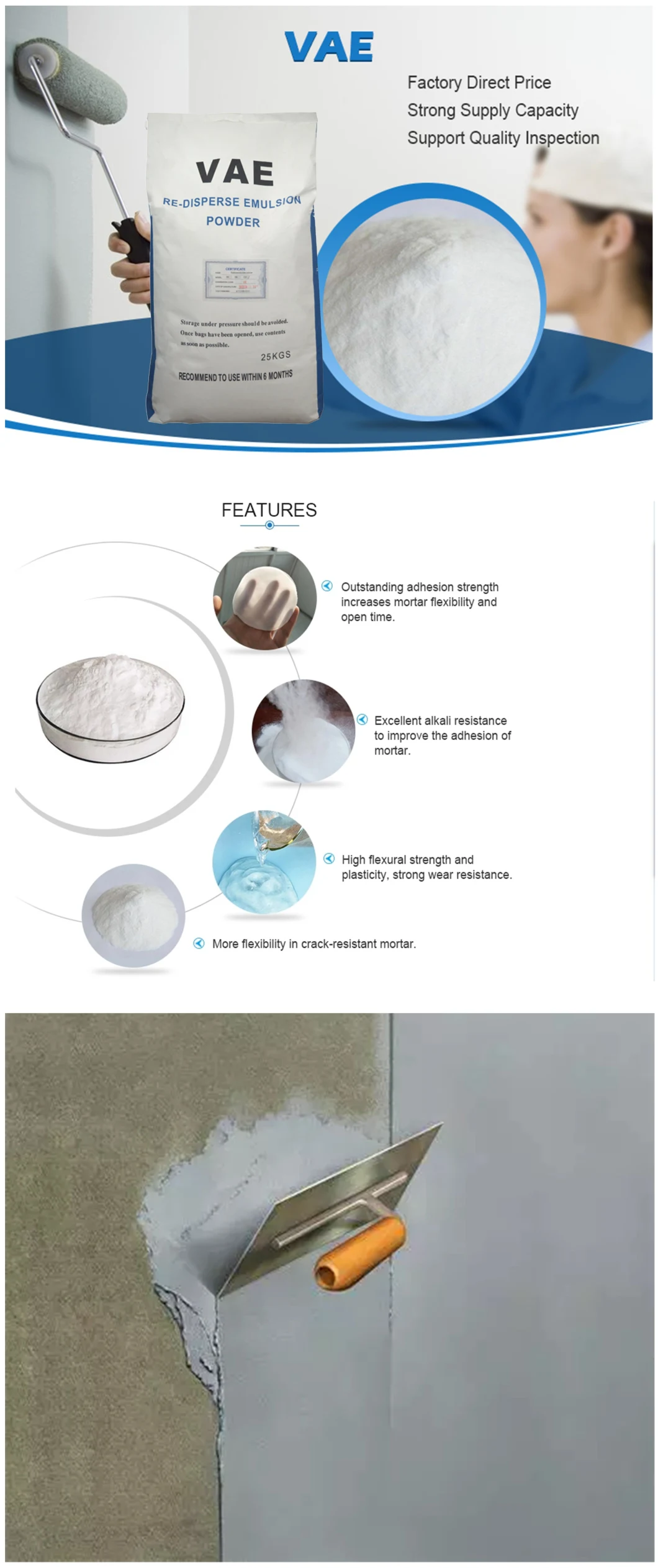 External Insulation Plaster Mortar Free-Flowing White Vae Rdp Cement Additive