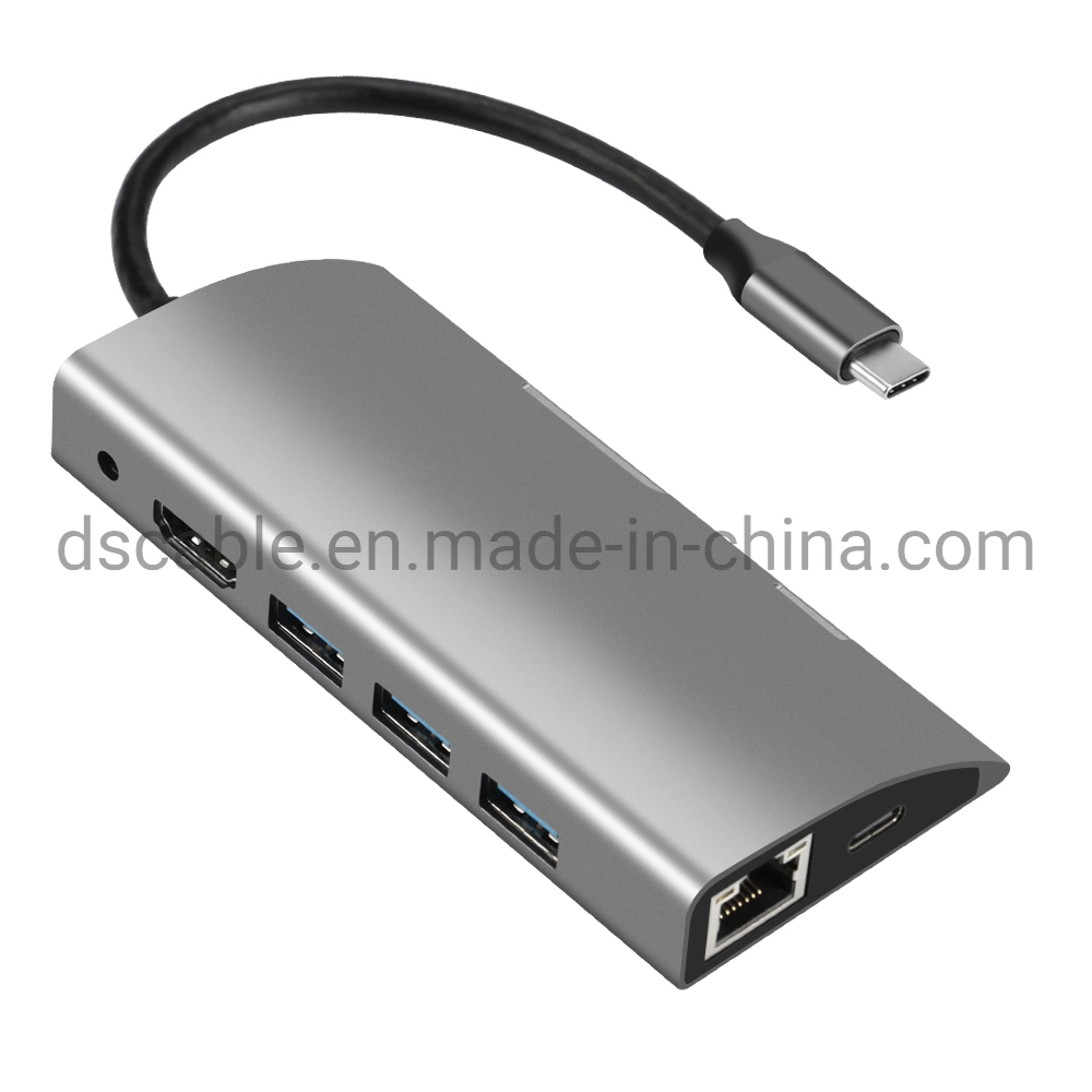 8 in 1 USB-C Docking Station Type-C Hub with 4K HDMI 3ports USB3.0 RJ45 Pd Charging SD/TF Cardreader Gigabit LAN