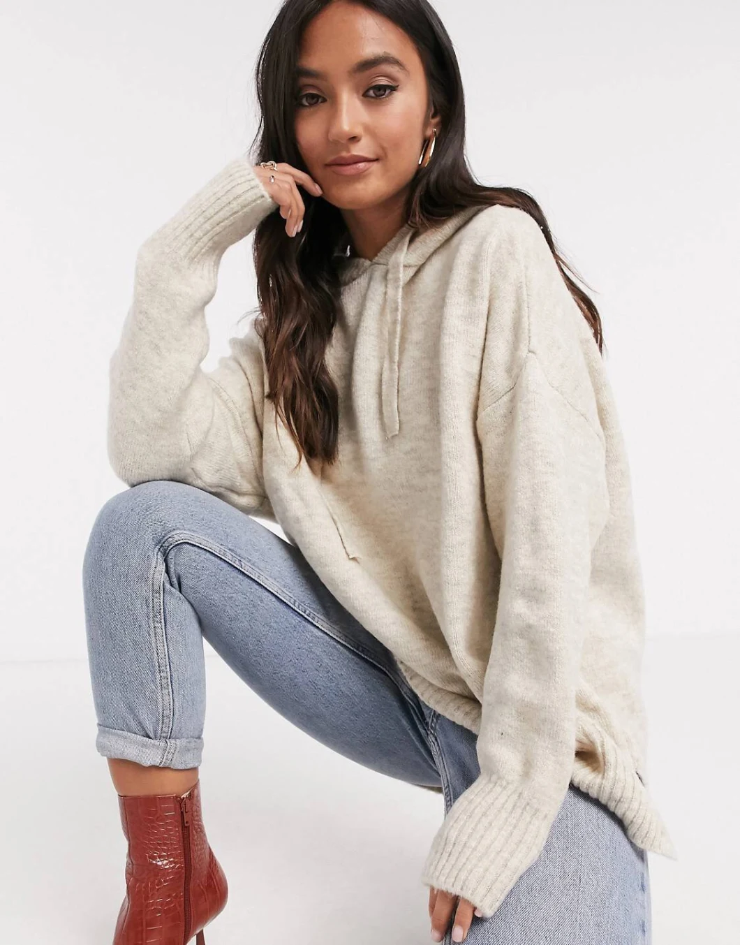 Women Clothing Knitted Coordinating Hoody in Oatmeal