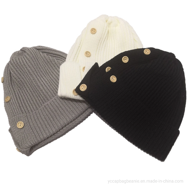 Custom Acrylic Womens Winter Button Decoration Beanie Knit Beanie Hat