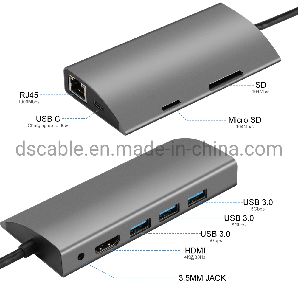 8 in 1 USB-C Docking Station Type-C Hub with 4K HDMI 3ports USB3.0 RJ45 Pd Charging SD/TF Cardreader Gigabit LAN