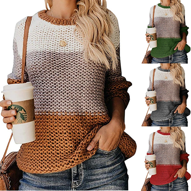 Wholesale Lady Round Neck Striped Color Matching Fashion Patchwork Sweater