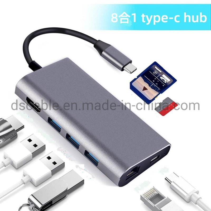 8 in 1 USB-C Docking Station Type-C Hub with 4K HDMI 3ports USB3.0 RJ45 Pd Charging SD/TF Cardreader Gigabit LAN