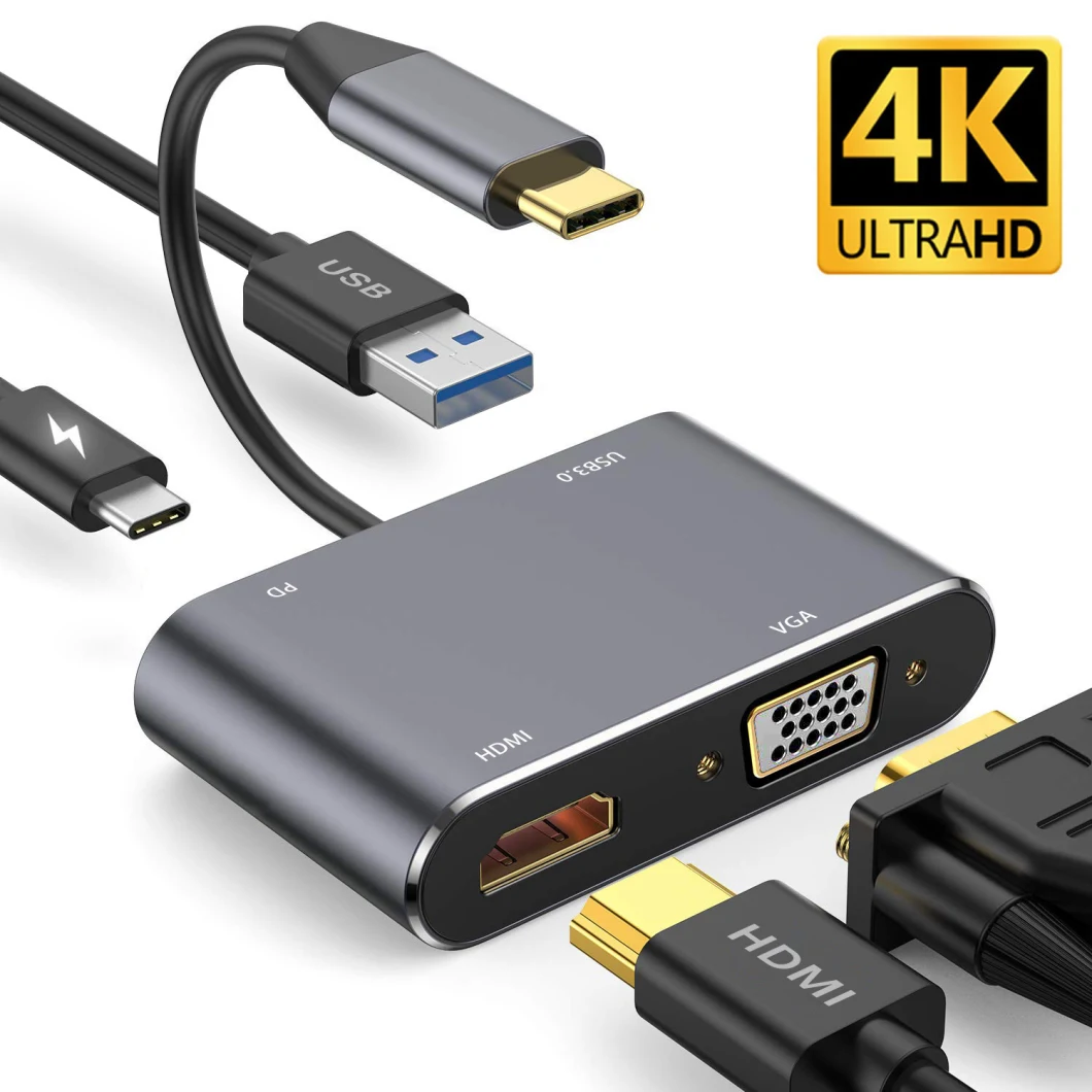 4-in-1 Multi USB C Hub, USB-C/Type C to HDMI+VGA+USB3.0+Pd (USB-C Female) Type-C Hub