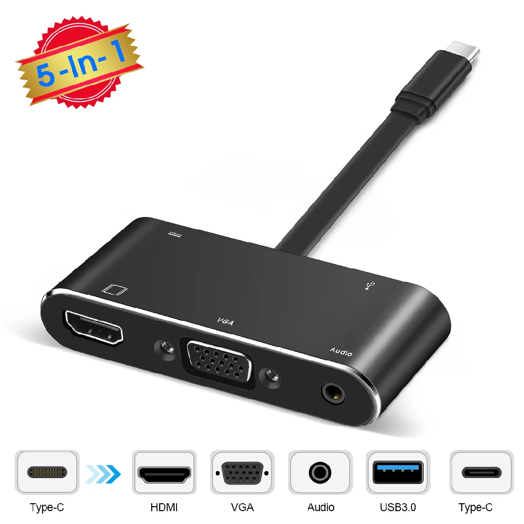 5 in 1 Hubs USB C to HDMI+VGA+USB3.0+Pd+3.5mm Audio Multiple Type-C /USB-C Hub Adapter (Support 4K*2K, PD Fast Charging)