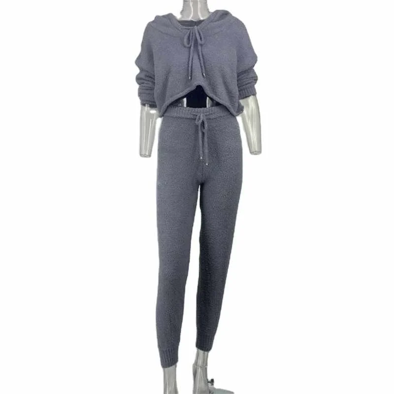 2020 Fall Winter Long Sleeve Casual Cozy Hoodie Pajamas Women Cotton Sleepwear Knit Fuzzy Two Piece Lounge Wear Set