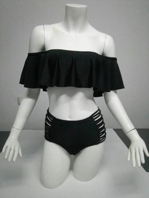 Women Two Piece off Shoulder Ruffled Flounce Crop Bikini Top with Print Cut out Bottoms Esg10567
