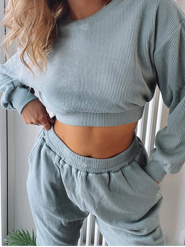 Cotton Two Piece Jogger Set Knitted Nightwear Pajama Blue Trendy Elegant Ladies Outfits Casual Plus Size Women Clothing Tracksuit