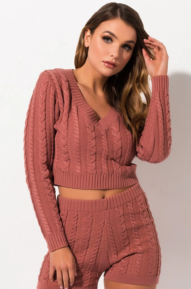Women Fashion Cable Knit Oversize Top and Pants Pajamas Set Sexy Sweaters
